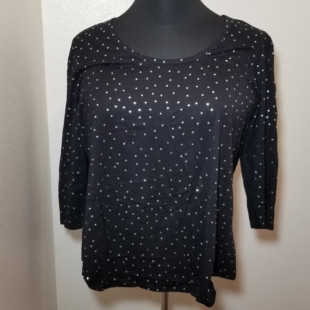 Lane Bryant Black Silver Polka Dot 3/4 Sleeve Top Size 18/20‎ Retro Party Office